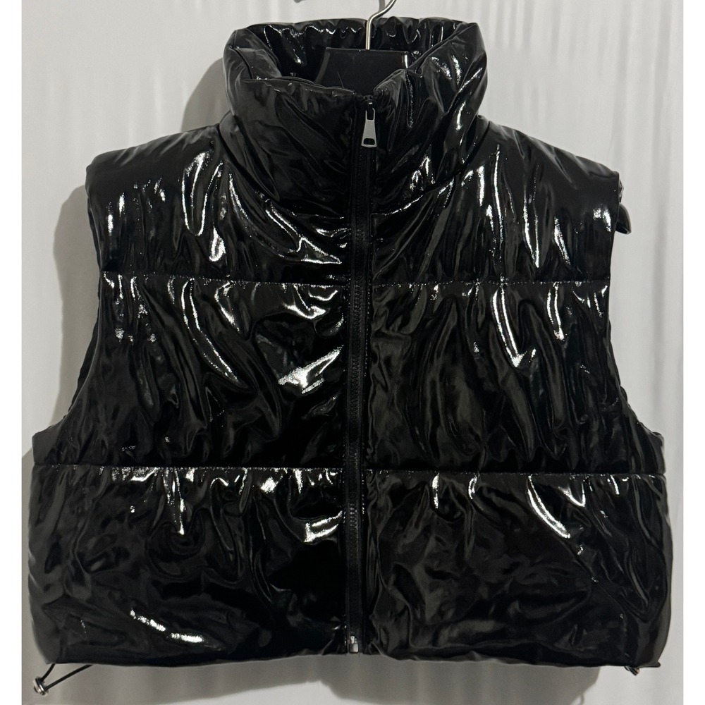 Daisy Womens Black Patent Puffer Vest High Shine Quilted Cropped Zip Up XL
